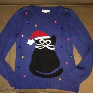 Carolyn Taylor Christmas Cat Blue Sweater